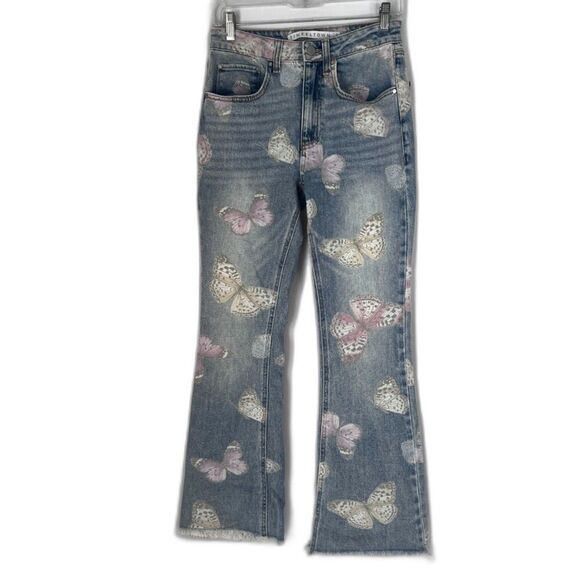 Tinseltown Denim Butterfly Jeans Light Wash High Rise Flare Leg Raw Hem JRS Sz 5 - Picture 1 of 9